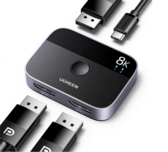 Switch De Video Ugreen, 2 Entradas Displayport, 1 Salida Displayport, Hasta 8k-30hz Y 4k-240hz, Bidireccional, Negro