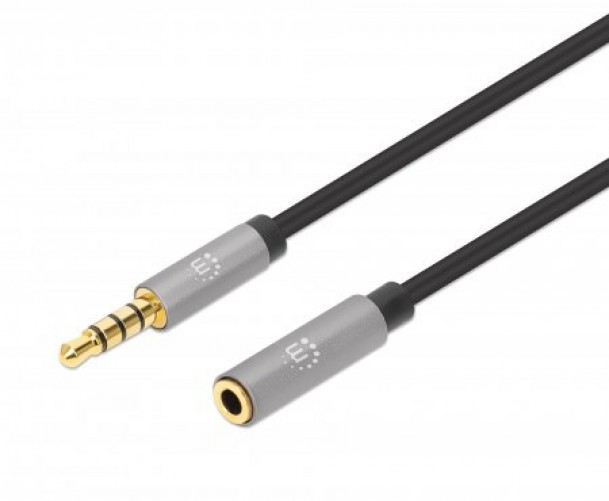 Cable De Audio Estero Manhattan, 3.5mm, 1 Macho Y 1 Hembra, 2 M, Negro-plata, (356039)